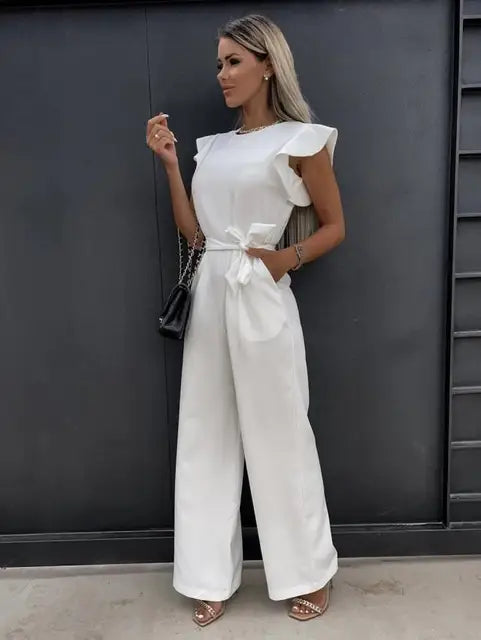 Women's Flutter Sleeve Wide Leg Jumpsuit with Tie Belt – Formal Wedding Guest Jumpsuit