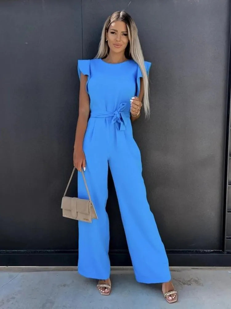 Women's Flutter Sleeve Wide Leg Jumpsuit with Tie Belt – Formal Wedding Guest Jumpsuit