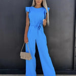 Women's Flutter Sleeve Wide Leg Jumpsuit with Tie Belt – Formal Wedding Guest Jumpsuit