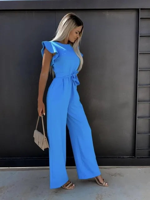 Women's Flutter Sleeve Wide Leg Jumpsuit with Tie Belt – Formal Wedding Guest Jumpsuit