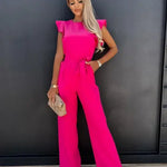 Women's Flutter Sleeve Wide Leg Jumpsuit with Tie Belt – Formal Wedding Guest Jumpsuit