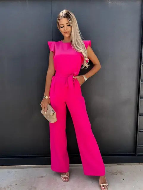 Women's Flutter Sleeve Wide Leg Jumpsuit with Tie Belt – Formal Wedding Guest Jumpsuit