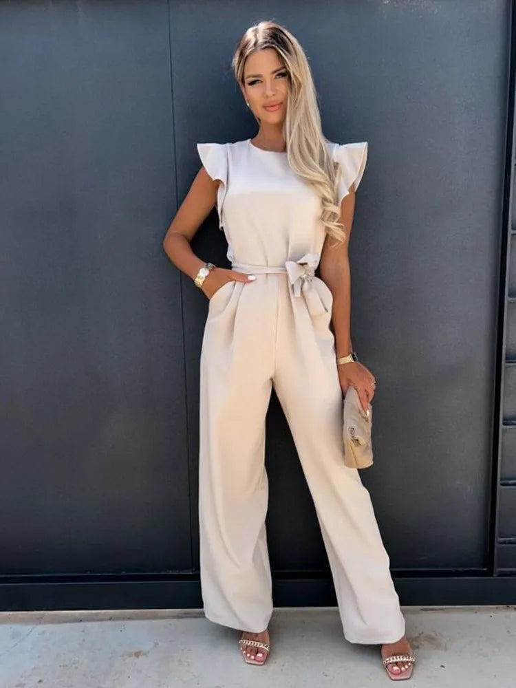 Women's Flutter Sleeve Wide Leg Jumpsuit with Tie Belt – Formal Wedding Guest Jumpsuit