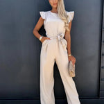 Women's Flutter Sleeve Wide Leg Jumpsuit with Tie Belt – Formal Wedding Guest Jumpsuit