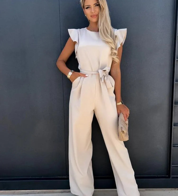 Women's Flutter Sleeve Wide Leg Jumpsuit with Tie Belt – Formal Wedding Guest Jumpsuit