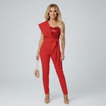 Women's One-Shoulder Jumpsuit with Embellished Bodice & Tie Belt – Formal Evening Wear
