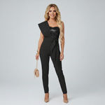 Women's One-Shoulder Jumpsuit with Embellished Bodice & Tie Belt – Formal Evening Wear