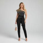 Women's One-Shoulder Jumpsuit with Embellished Bodice & Tie Belt – Formal Evening Wear