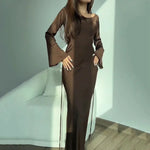 Women's Long Sleeve Formal Maxi Dress with Boat Neck & Bell Cuffs – Wedding Guest Dress