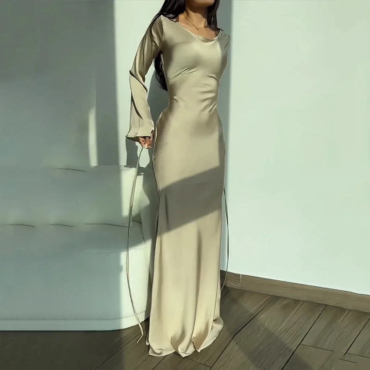 Women's Long Sleeve Formal Maxi Dress with Boat Neck & Bell Cuffs – Wedding Guest Dress