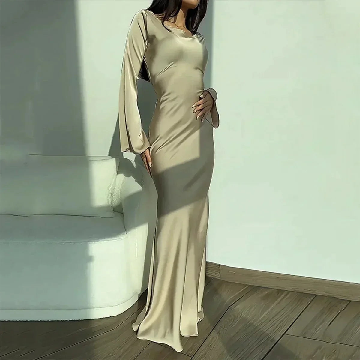 Women's Long Sleeve Formal Maxi Dress with Boat Neck & Bell Cuffs – Wedding Guest Dress