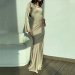 Women's Long Sleeve Formal Maxi Dress with Boat Neck & Bell Cuffs – Wedding Guest Dress