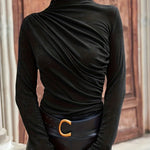 Women's Black Long Sleeve Mock Neck Ruched Top – Fitted Evening and Going Out Top