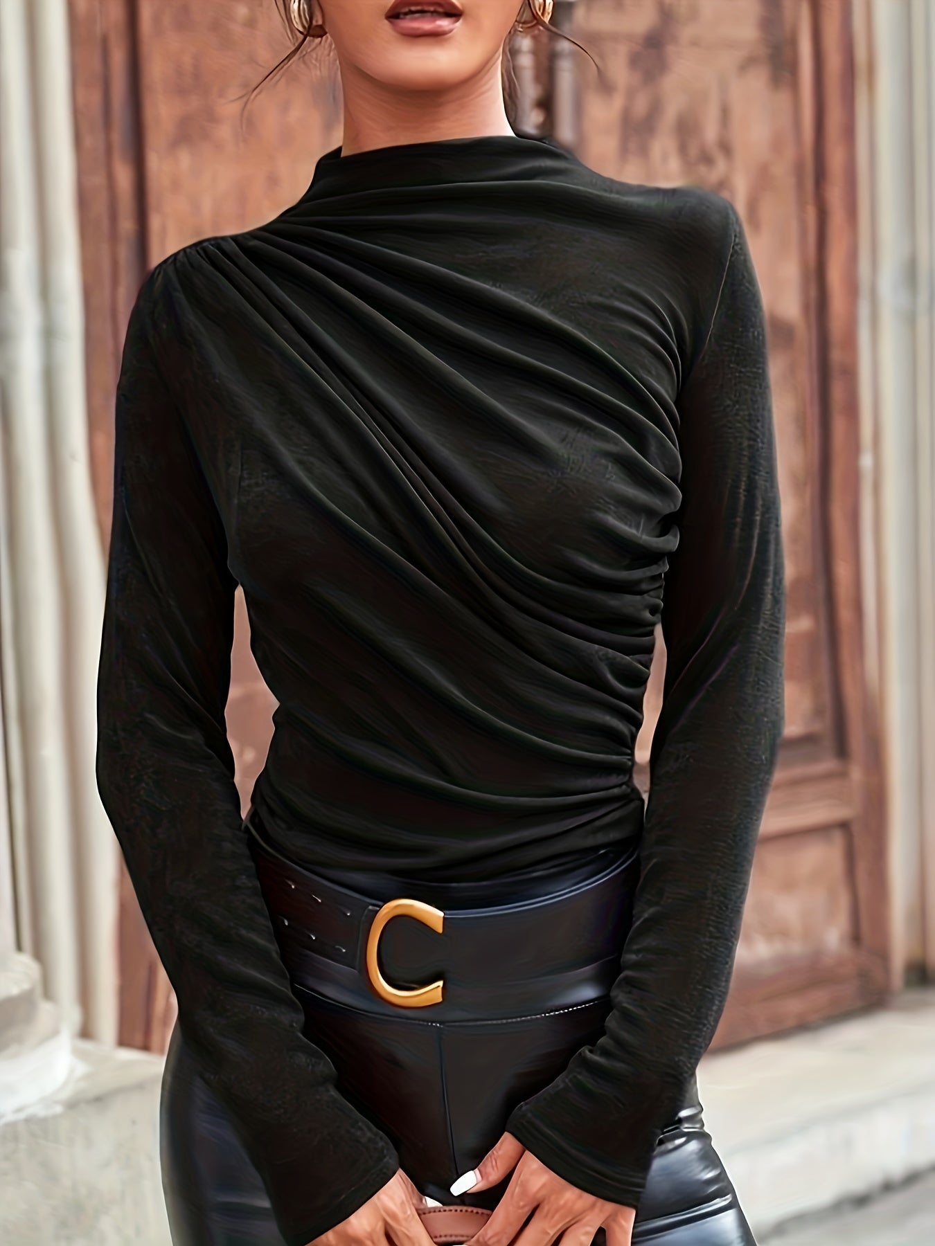 Women's Black Long Sleeve Mock Neck Ruched Top – Fitted Evening and Going Out Top