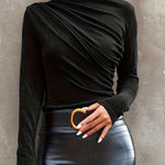 Women's Black Long Sleeve Mock Neck Ruched Top – Fitted Evening and Going Out Top