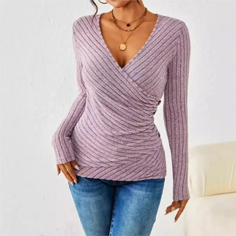 Women's Ribbed Wrap Top with Ruching – Long Sleeve V-Neck Fitted Top for Work & Weekend