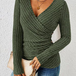 Women's Ribbed Wrap Top with Ruching – Long Sleeve V-Neck Fitted Top for Work & Weekend