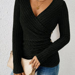 Women's Ribbed Wrap Top with Ruching – Long Sleeve V-Neck Fitted Top for Work & Weekend
