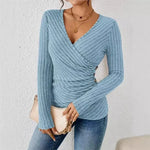 Women's Ribbed Wrap Top with Ruching – Long Sleeve V-Neck Fitted Top for Work & Weekend