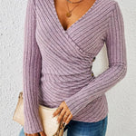 Women's Ribbed Wrap Top with Ruching – Long Sleeve V-Neck Fitted Top for Work & Weekend