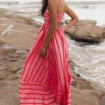 Women's Pink Striped Sleeveless Maxi Dress with Open Back – Summer Holiday Dress