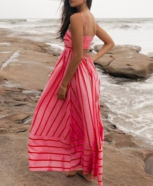 Women's Pink Striped Sleeveless Maxi Dress with Open Back – Summer Holiday Dress