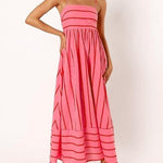 Women's Pink Striped Sleeveless Maxi Dress with Open Back – Summer Holiday Dress