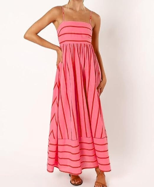 Women's Pink Striped Sleeveless Maxi Dress with Open Back – Summer Holiday Dress