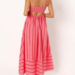 Women's Pink Striped Sleeveless Maxi Dress with Open Back – Summer Holiday Dress