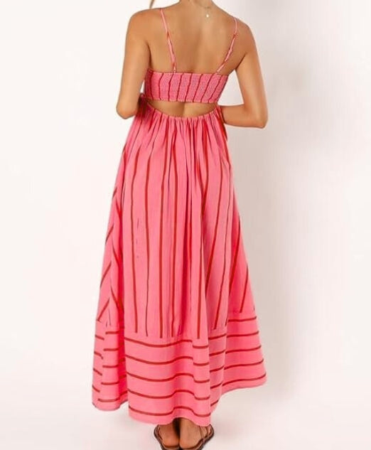 Women's Pink Striped Sleeveless Maxi Dress with Open Back – Summer Holiday Dress