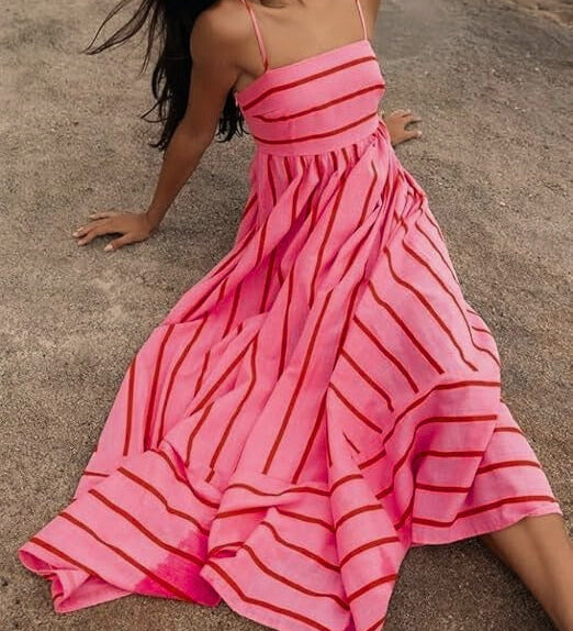 Women's Pink Striped Sleeveless Maxi Dress with Open Back – Summer Holiday Dress