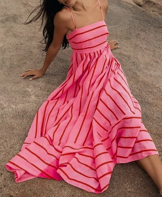 Women's Pink Striped Sleeveless Maxi Dress with Open Back – Summer Holiday Dress