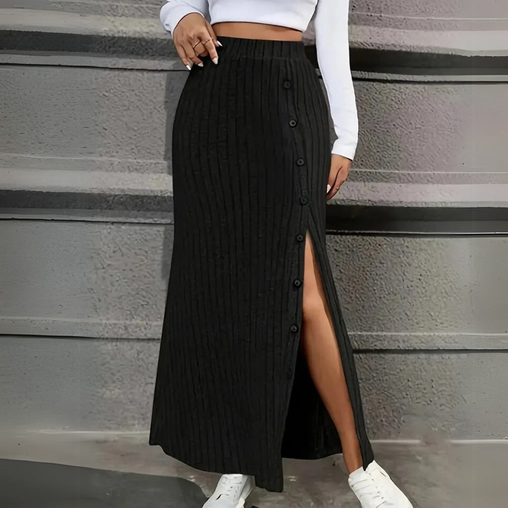 Women's Fitted Maxi Skirt with Button Side Slit – Long Pencil Skirt for Work & Evening