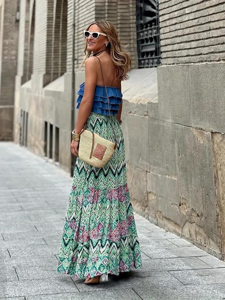 Women's Tiered Boho Maxi Skirt with Mixed Print – Flowing Long Summer Skirt