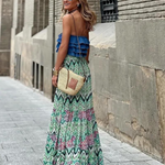 Women's Tiered Boho Maxi Skirt with Mixed Print – Flowing Long Summer Skirt