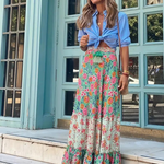 Women's Tiered Boho Maxi Skirt with Mixed Print – Flowing Long Summer Skirt