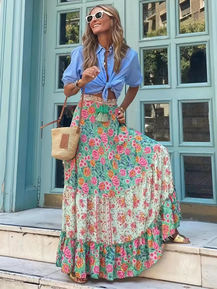 Women's Tiered Boho Maxi Skirt with Mixed Print – Flowing Long Summer Skirt
