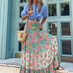 Women's Tiered Boho Maxi Skirt with Mixed Print – Flowing Long Summer Skirt
