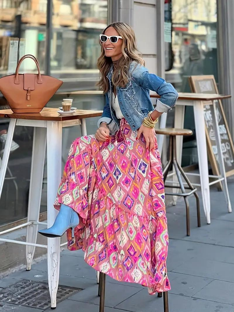 Women's Tiered Boho Maxi Skirt with Mixed Print – Flowing Long Summer Skirt