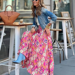 Women's Tiered Boho Maxi Skirt with Mixed Print – Flowing Long Summer Skirt