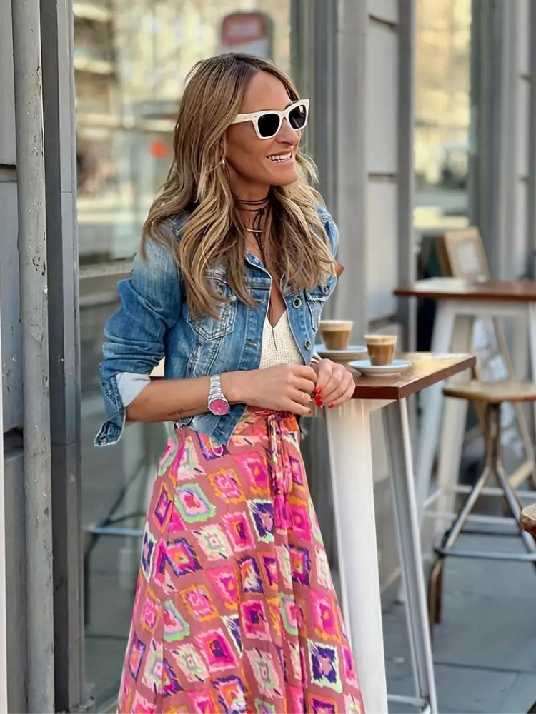 Women's Tiered Boho Maxi Skirt with Mixed Print – Flowing Long Summer Skirt