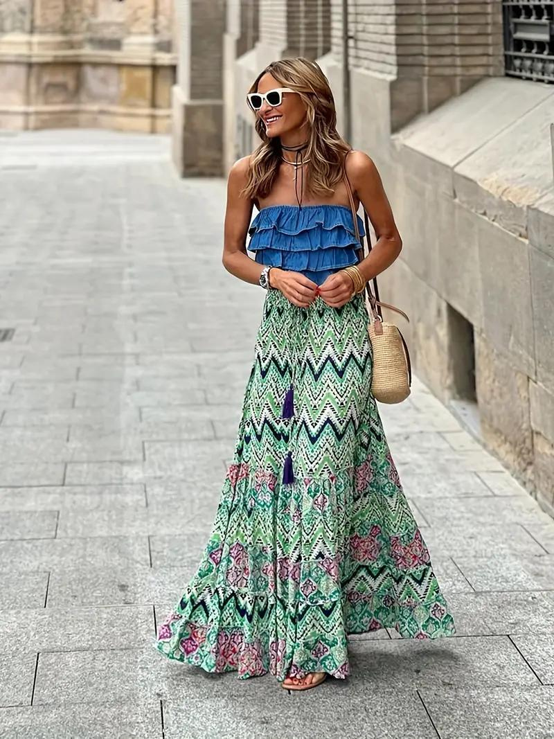 Women's Tiered Boho Maxi Skirt with Mixed Print – Flowing Long Summer Skirt