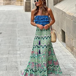 Women's Tiered Boho Maxi Skirt with Mixed Print – Flowing Long Summer Skirt