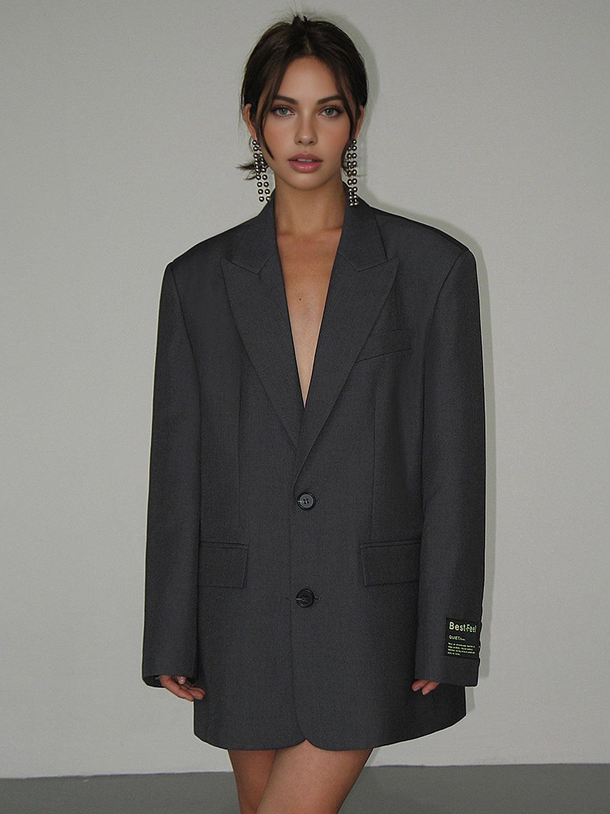 Women's Oversized Longline Blazer with Peak Lapels – Two-Button Tailored Jacket for Work & Evening