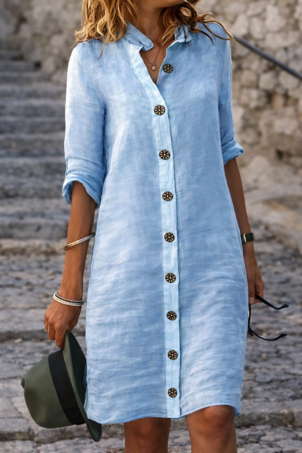 Women's Button-Front Shirt Dress with Half Sleeves – Casual Everyday Dress for Spring & Summer