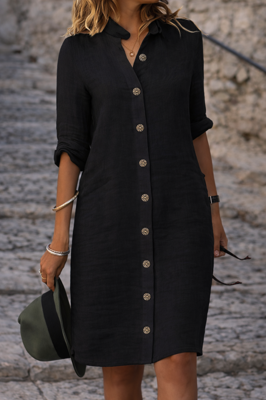 Women's Button-Front Shirt Dress with Half Sleeves – Casual Everyday Dress for Spring & Summer