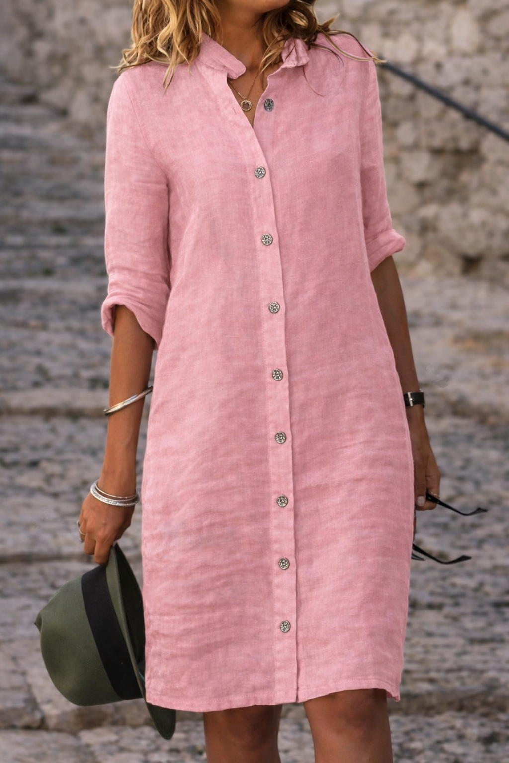 Women's Button-Front Shirt Dress with Half Sleeves – Casual Everyday Dress for Spring & Summer