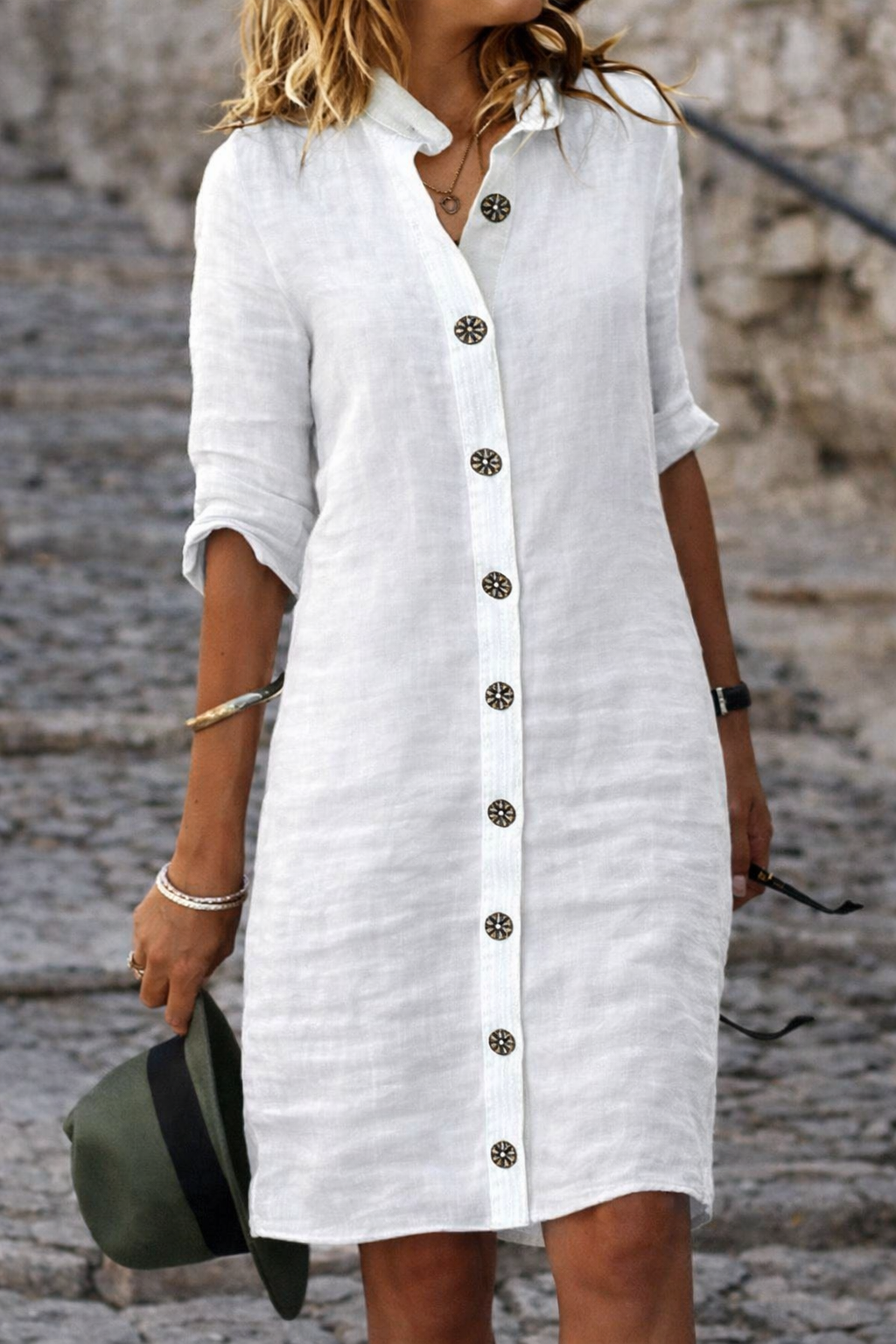 Women's Button-Front Shirt Dress with Half Sleeves – Casual Everyday Dress for Spring & Summer