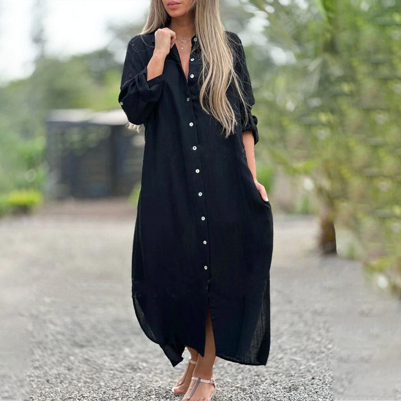 Women's Long Sleeve Maxi Shirt Dress – Relaxed Fit Casual Dress for Spring Days & Holidays