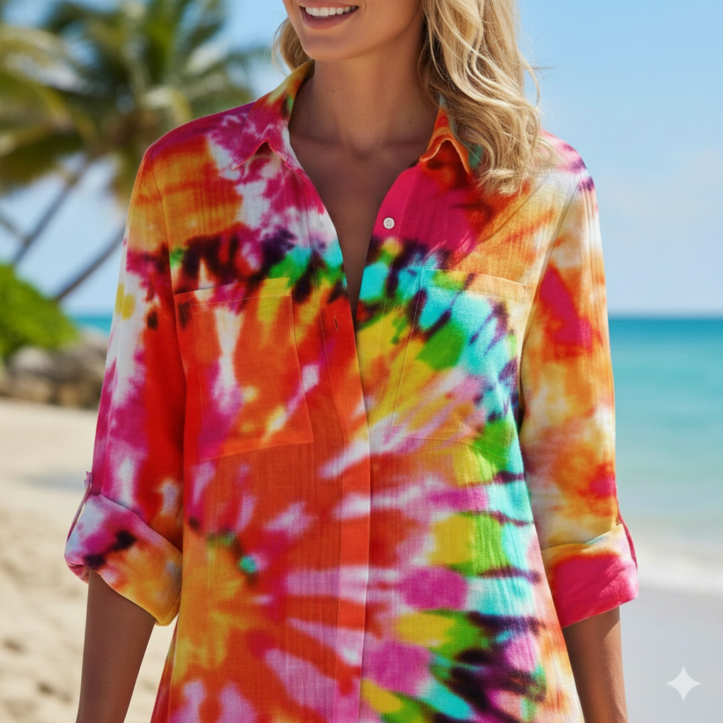 Women's Button Down Print Shirt Dress – Relaxed Beach Cover-Up Dress for Summer